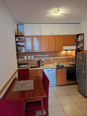 a kitchen with a wooden table with chairs and a refrigerator at Apartmani Ljumović Budva in Budva