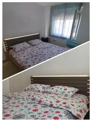 two pictures of a bed in a bedroom at Anika in Sutomore