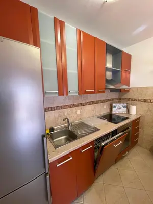 a kitchen with a sink and a stainless steel refrigerator at Aquarium Apartment Kotor in Kotor
