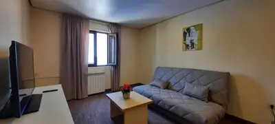 a living room with a couch and a television at Ambassador Apartments in Petrovac na Moru