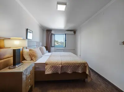 a bedroom with a bed and a television in it at Ambassador Apartments in Petrovac na Moru