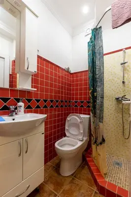 a bathroom with a toilet and a sink and red tiles at DreamSea Apartment in Utjeha