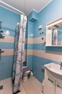 a blue bathroom with a toilet and a shower curtain at DreamSea Apartment in Utjeha