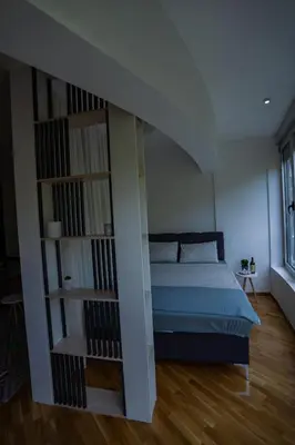 a bedroom with a bed and a book shelf at Studio apartment Sunrise Rafailovici in Budva