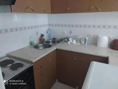 a small kitchen with a sink and a stove at Apartman Potkošljun in Budva