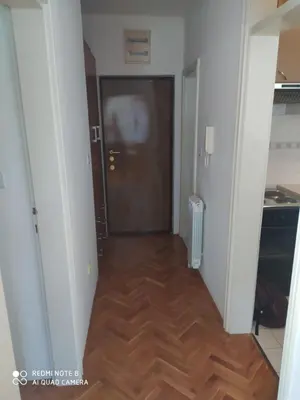 a hallway with a door and a wooden floor at Apartman Potkošljun in Budva