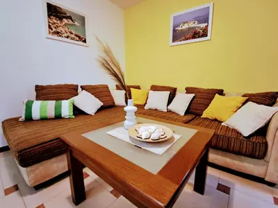 a living room with a couch and a table at Apartman - Fontana (Rafailovici) in Rafailovici