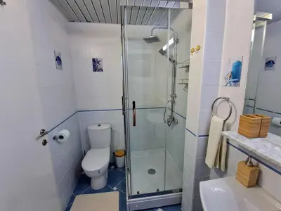 a bathroom with a shower and a toilet and a sink at Apartman - Fontana (Rafailovici) in Rafailovici