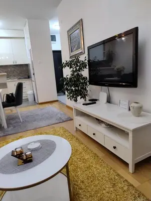 a living room with a flat screen tv on a white entertainment center at Lovely apartment - Ljupki stan in Podgorica