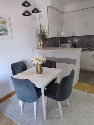 a kitchen with a table and chairs with a vase of flowers at Lovely apartment - Ljupki stan in Podgorica