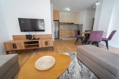 a living room with a couch and a flat screen tv at East Side Apartment in Podgorica