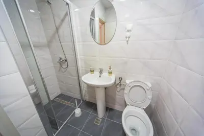 a bathroom with a toilet and a sink and a mirror at East Side Apartment in Podgorica