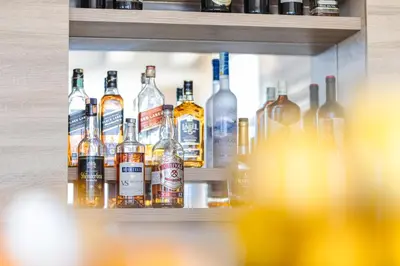 a shelf filled with lots of bottles of alcohol at Lux Hotel M in Dobra Voda