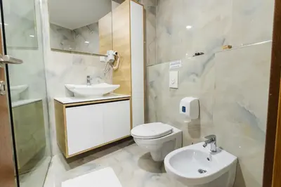 a bathroom with a toilet and a sink at Lux Hotel M in Dobra Voda