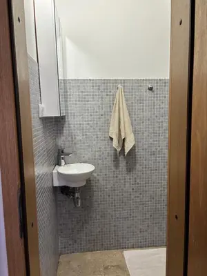 a small bathroom with a sink and a mirror at Vila Mila in Petrovac na Moru