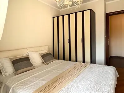 a bedroom with a large bed with a black and white headboard at Lana apartment Petrovac in Petrovac na Moru