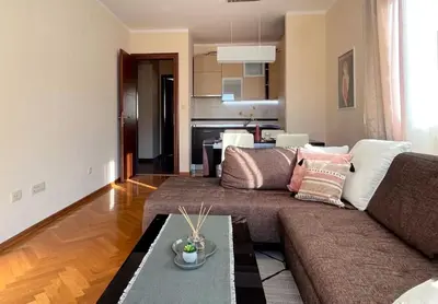 a living room with a couch and a table at Lana apartment Petrovac in Petrovac na Moru
