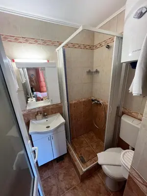 a bathroom with a shower and a sink and a toilet at Apartment Plazza Rafailovici in Rafailovici