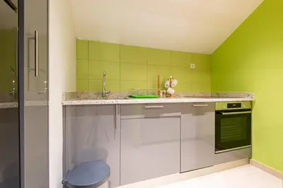 a kitchen with green walls and a sink at apartman365kotor in Kotor