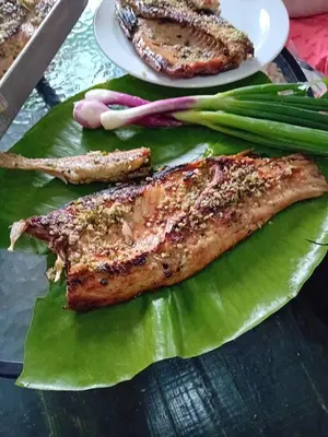 a plate of food with fish on a green leaf at Lucha apartman in Rijeka Crnojevića
