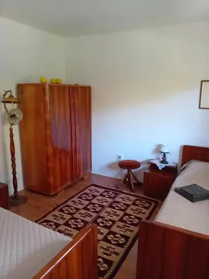 a room with two beds and a table and a rug at Lucha apartman in Rijeka Crnojevića