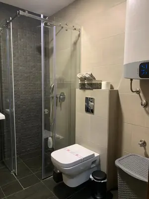 a bathroom with a toilet and a glass shower at AD luxury in Podgorica