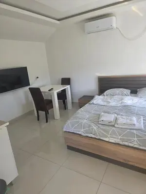 a bedroom with a bed and a table and a tv at Apartman Tolosi 2 in Podgorica