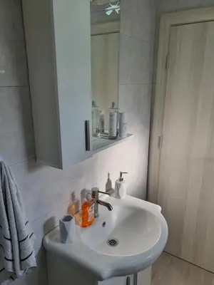 a bathroom with a white sink and a mirror at Apartman Tolosi 2 in Podgorica