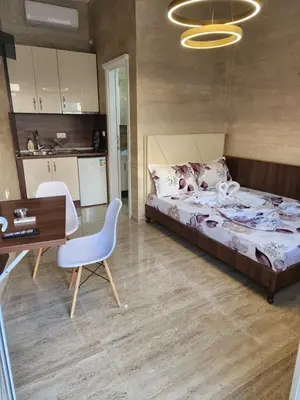 a bedroom with a bed and a desk and a chair at Ebra Lux Apartmani in Dobra Voda