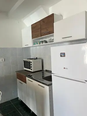 a kitchen with a white refrigerator and a microwave at GRAMISI apartments in Kruče