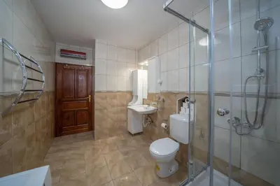 a bathroom with a toilet and a shower and a sink at Dobrota Blue in Kotor