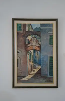 a painting of a stairway in a building at Dobrota Blue in Kotor
