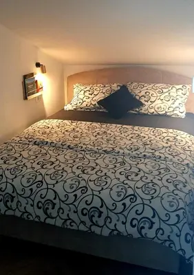 a bedroom with a bed with a black and white comforter at Ric Apartment Budva in Budva