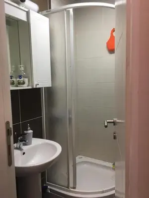 a bathroom with a shower with a sink and a toilet at Bolux Studio Apartment in Budva