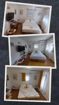 two pictures of a bedroom with two beds and a television at Ljubovic apartman in Podgorica