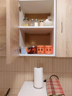 a kitchen with a cupboard with a paper towel at Ljubovic apartman in Podgorica