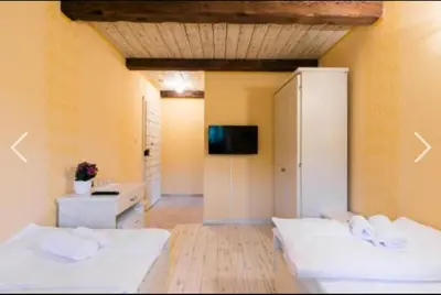a large room with two beds and a television at Hotel S Family Jovicevic in Rijeka Crnojevića