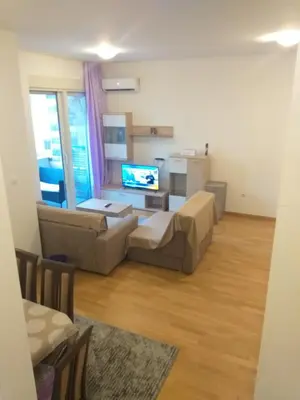 a living room with a couch and a tv at Apartment Joković in Budva