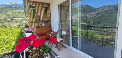 a balcony with red flowers and a table and chairs at DIKA Apartment in Bar