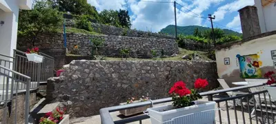 a stone wall with flowers in a white pot at DIKA Apartment in Bar