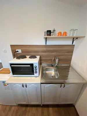 a small kitchen with a sink and a microwave at Apartmani LALA 2 Canj in Čanj