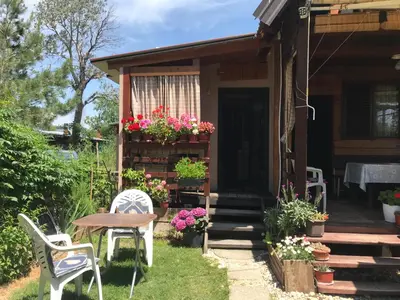 a house with a table and chairs in the yard at Veličanka in Ulcinj