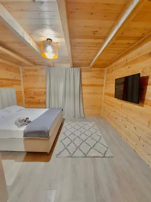 a bedroom with a bed and a flat screen tv at Villa Butterfly Valdanos in Ulcinj