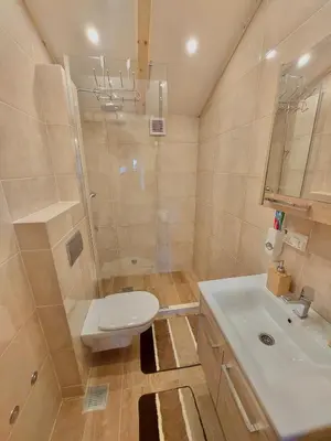 a bathroom with a toilet and a shower and a sink at Villa Butterfly Valdanos in Ulcinj