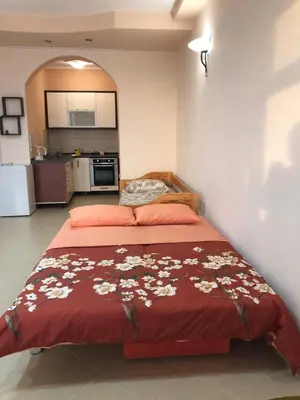 a bedroom with a bed with a red blanket with flowers at Апартаменты Jasmine in Bar