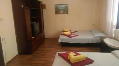 a small room with two beds and a tv at Studios Milošev in Bar