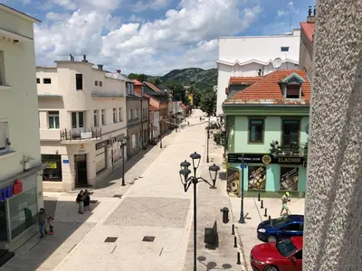 a view of a street in a city with buildings at Apartment TARGET in Cetinje