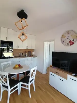 a kitchen and dining room with a table and a tv at Vegi Apartments in Bar