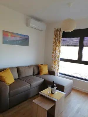 a living room with a brown couch and a table at Vegi Apartments in Bar