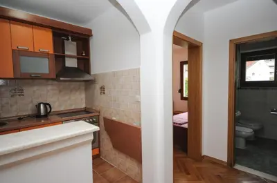 a kitchen with a sink and a toilet in a room at Apartment Jana in Petrovac na Moru